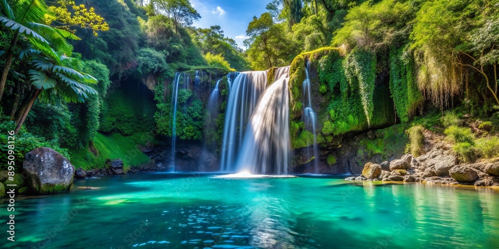 Serene Waterfall Cascading into Tranquil Lagoon, Lush Greenery, Tropical Paradise, Waterfall, Lagoon, Nature, Tropical Serene Waterfall Cascading into Tranquil Lagoon, Lush Greenery, Tropical Paradise, Waterfall, Lagoon, Nature, Tropical