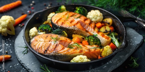 Salmon and vegetables cooking