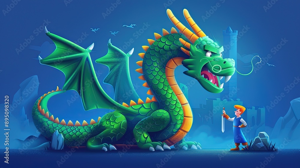 Obraz premium Salaryman fighting debt dragon, flat design illustration