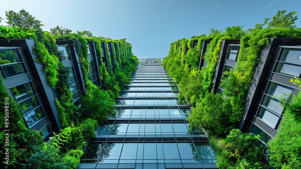 Lush Green Skyscrapers: Vertical Gardens Integrated into Modern Architecture Against a Clear Blue Sky Lush Green Skyscrapers: Vertical Gardens Integrated into Modern Architecture Against a Clear Blue Sky