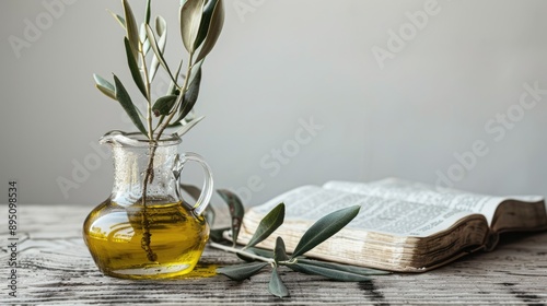 Anoint. Pure Olive Oil in Glass Jar, Open Bible Book, and Green Olive Branch on Wooden Table with White Background. Symbol of God's Holy Spirit photo