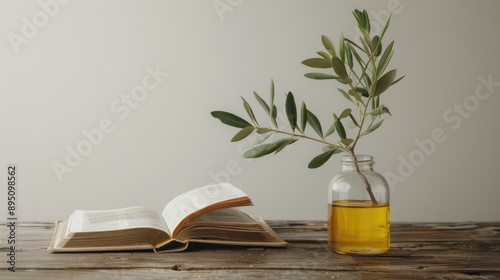 Anoint. Pure Olive Oil in Jar with Open Bible and Olive Branch on Wooden Table photo