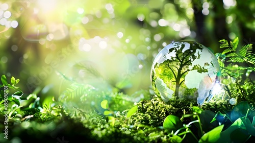 A glass sphere containing the earth, sitting on moss in a forest, surrounded by green plants and trees, sunlight shining through leaves.