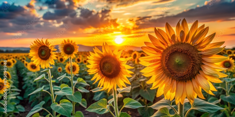 Sunflowers in the Golden Hour, Closeup of two sunflowers with the setting sun in the background, Sunflower field, summer, sunset, golden hour, nature Sunflowers in the Golden Hour, Closeup of two sunflowers with the setting sun in the background, Sunflower field, summer, sunset, golden hour, nature