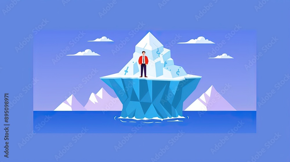 Salaryman with debt iceberg, flat design illustration Salaryman with debt iceberg, flat design illustration