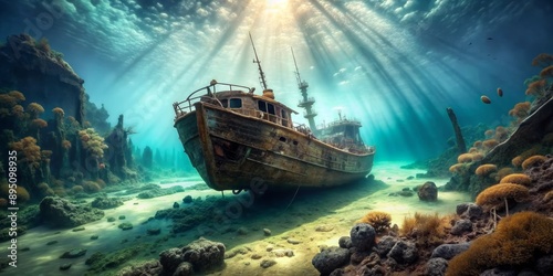 Sunbeams Illuminate Sunken Ship, Digital Art, Underwater Landscape, Shipwreck, Ocean , underwater, shipwreck