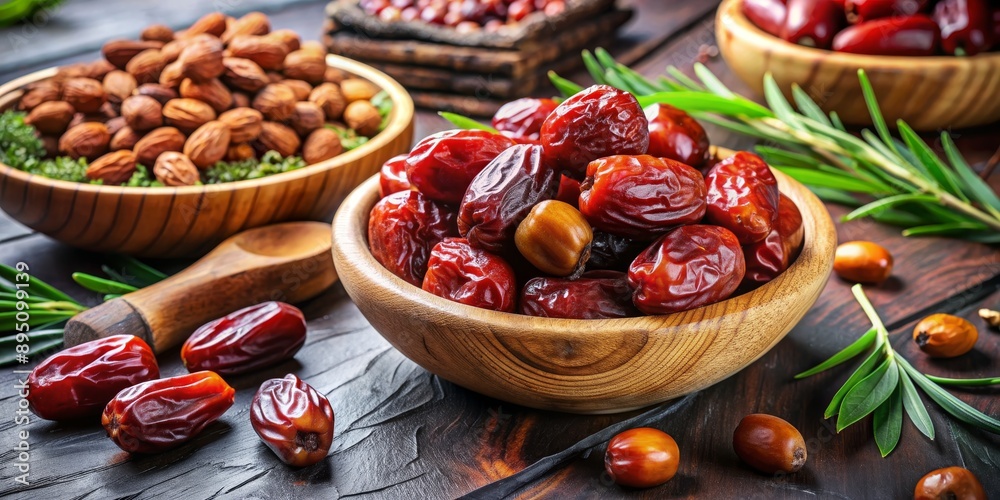 Sweet Dates in Wooden Bowl on Rustic Table, Dates, Ramadan, Fruit, Snack , Food Sweet Dates in Wooden Bowl on Rustic Table, Dates, Ramadan, Fruit, Snack , Food