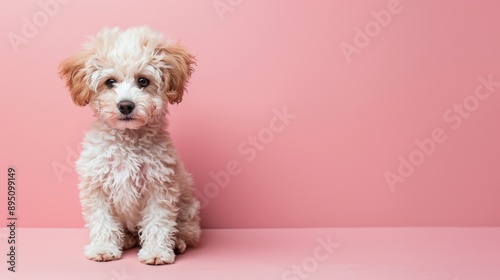 Fluffy white puppy sitting against a pink background