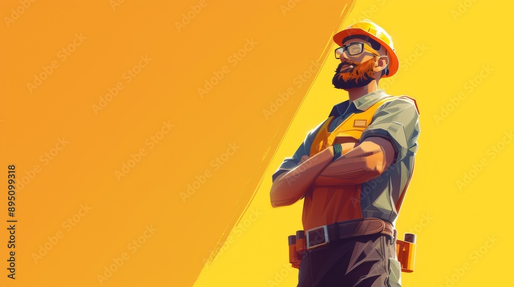 Illustration of a construction worker in safety gear on yellow background Illustration of a construction worker in safety gear on yellow background