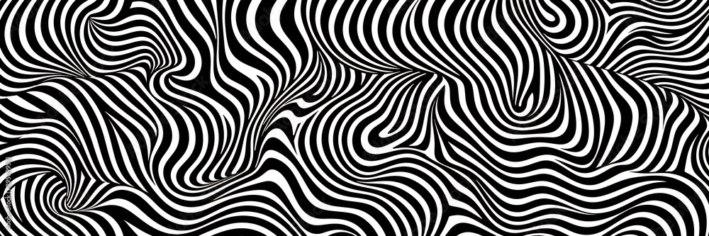 Black and white optical illusion pattern with wavy stripes creating a hypnotic visual effect. Black and white optical illusion pattern with wavy stripes creating a hypnotic visual effect.
