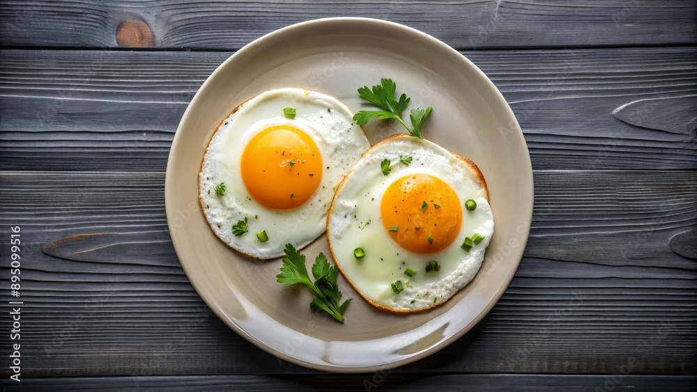 Top View of Two Fried Eggs with Parsley on a Plate on a Wooden Table, food , breakfast , eggs , cooking Top View of Two Fried Eggs with Parsley on a Plate on a Wooden Table, food , breakfast , eggs , cooking