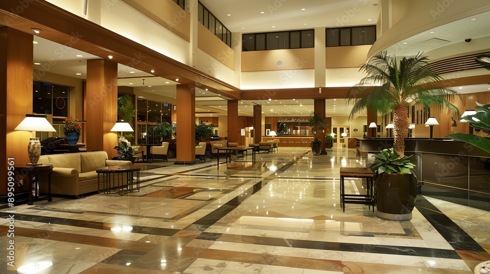 The hotel lobby is decorated in a modern style with marble floors, high ceilings, and large windows. The hotel lobby is decorated in a modern style with marble floors, high ceilings, and large windows.