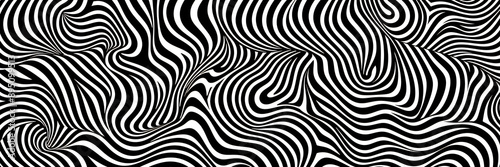 Black and white optical illusion pattern with wavy stripes creating a hypnotic visual effect.