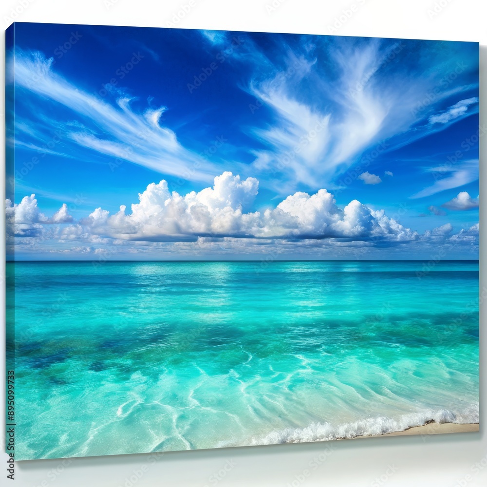 Turquoise Ocean with White Clouds Canvas Print, Seascape, Beach, Ocean, Canvas Art Turquoise Ocean with White Clouds Canvas Print, Seascape, Beach, Ocean, Canvas Art