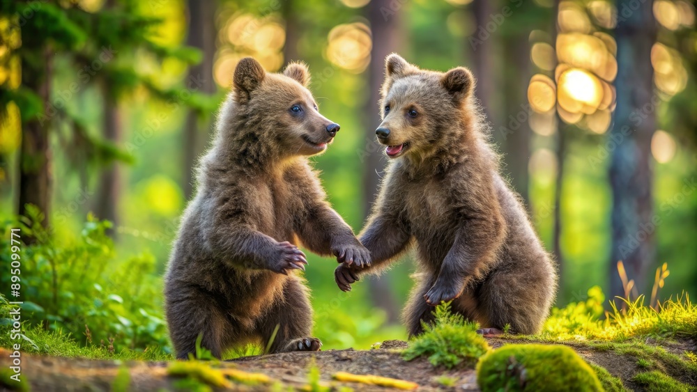 Fototapeta premium Two Bear Cubs Play in the Forest, Photography, Forest, Wildlife, Animals, Bear Cubs, Nature