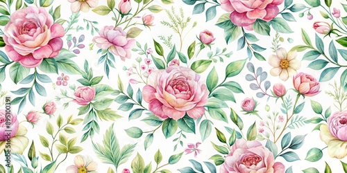 Wallpaper Mural Watercolor Floral Pattern with Delicate Pink Roses and Lush Greenery, seamless pattern, floral design, romantic wallpaper, botanical print, floral background Torontodigital.ca