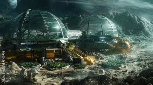 Futuristic lunar base with bio-dome gardens and advanced life-support systems.