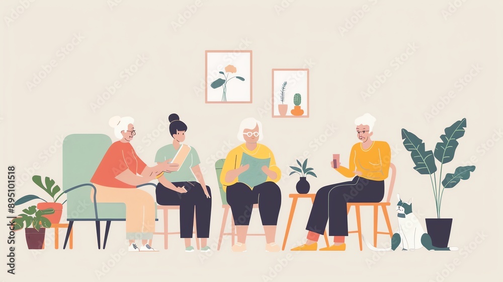 Four elderly women are sitting in a room, talking and laughing. There is a cat sitting on the floor next to them. Four elderly women are sitting in a room, talking and laughing. There is a cat sitting on the floor next to them.