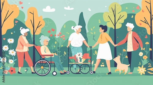 A group of elderly people are walking in a park. They are all smiling and look happy. Some of them are using wheelchairs or walkers.