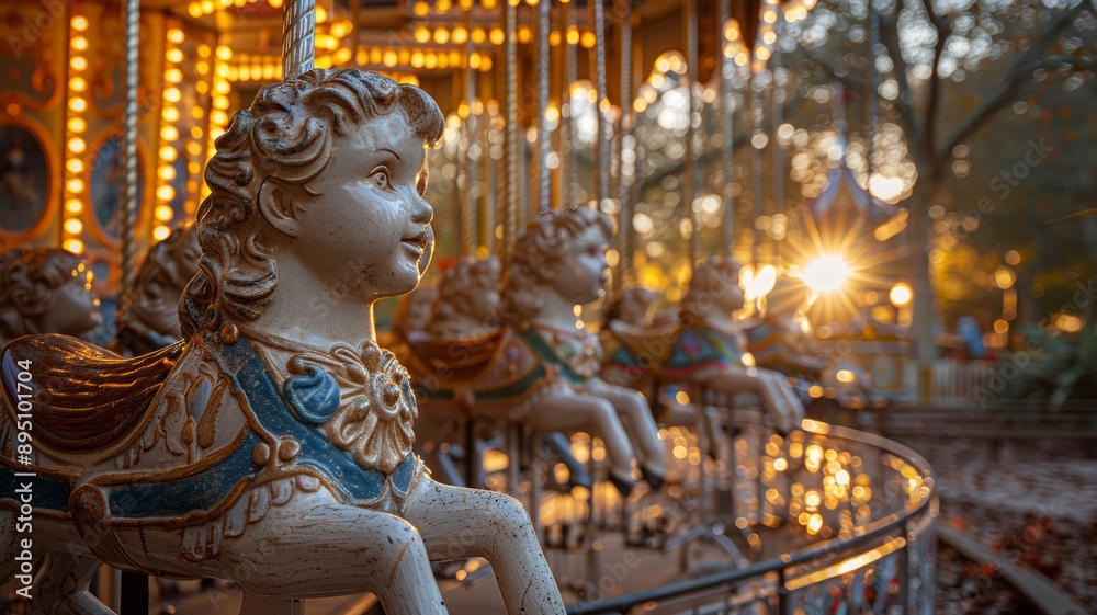 Fototapeta premium Golden Hour Carousel: A Whimsical Moment of Nostalgia