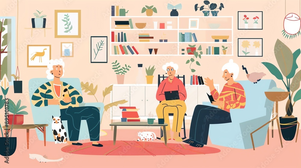 Three elderly women are sitting in a living room, talking and laughing. They are surrounded by books, plants, and other homey objects. Three elderly women are sitting in a living room, talking and laughing. They are surrounded by books, plants, and other homey objects.