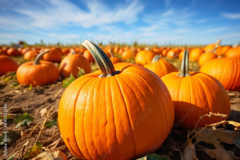 Field of orange pumpkins under a bright blue sky Field of orange pumpkins under a bright blue sky