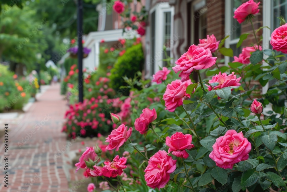Knockout Roses in Full Bloom: Vibrant Red and Pink Roses in Small Town Setting Knockout Roses in Full Bloom: Vibrant Red and Pink Roses in Small Town Setting