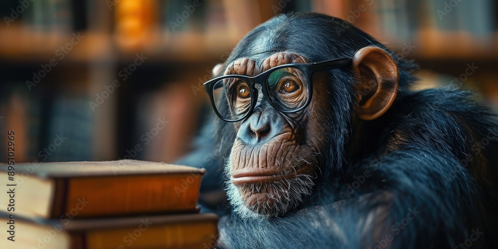 Intelligent Chimpanzee with Glasses and Books