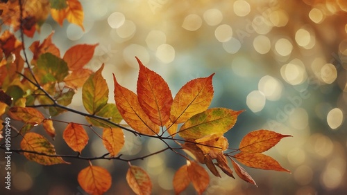 Autumn leaves border sparkling bokeh light spots background