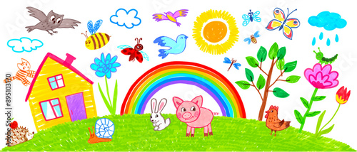 Felt pen hand drawn vector illustrations set of child drawing of summer landscape with house and rainbow
