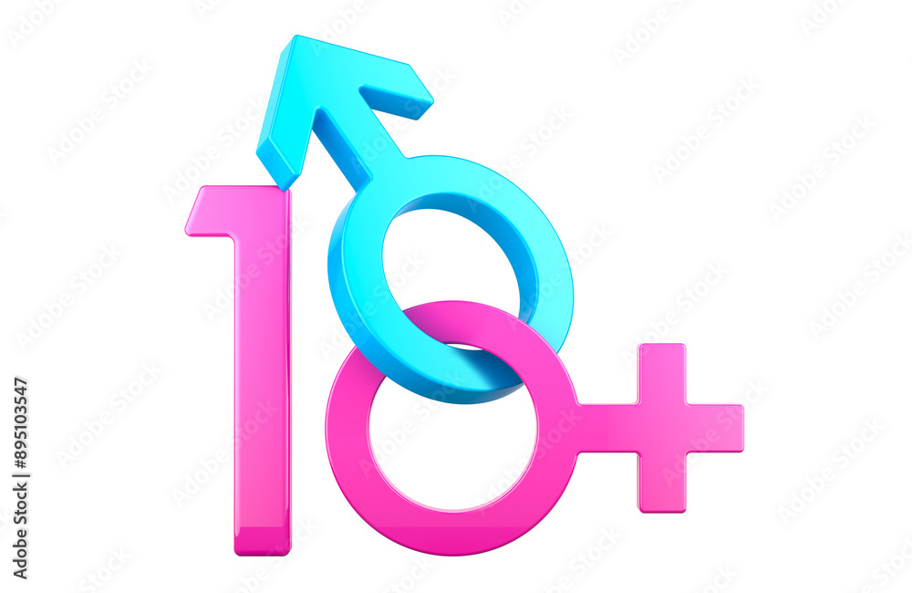 18+ concept, with female and male gender symbols. 3D rendering isolated on transparent background 18+ concept, with female and male gender symbols. 3D rendering isolated on transparent background