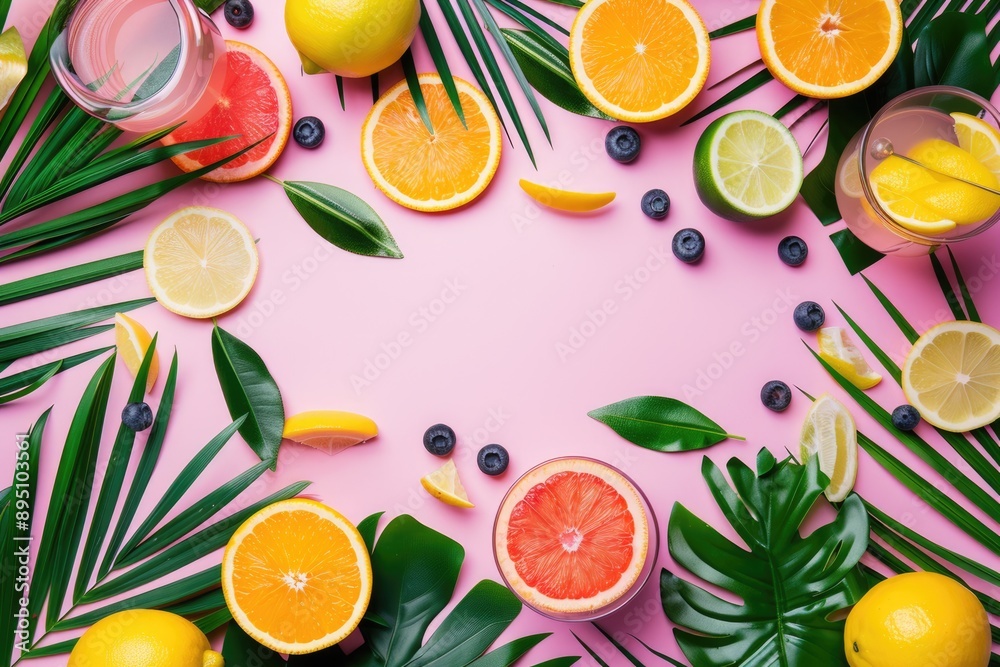 Citrus Palm Leaves: Refreshing Citrous Beverages with Exotic Twist, Top View Composition on Stylish Pink Background