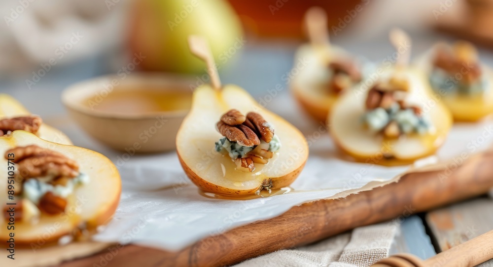 Pear and Pecan Appetizers on Wooden Board Pear and Pecan Appetizers on Wooden Board