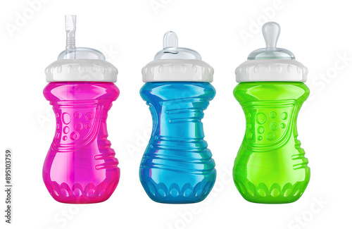 Sippy Cups for Babies and Toddlers and No Spill Sippy Cup with Flex Straw for kids. 3D rendering isolated on transparent background photo