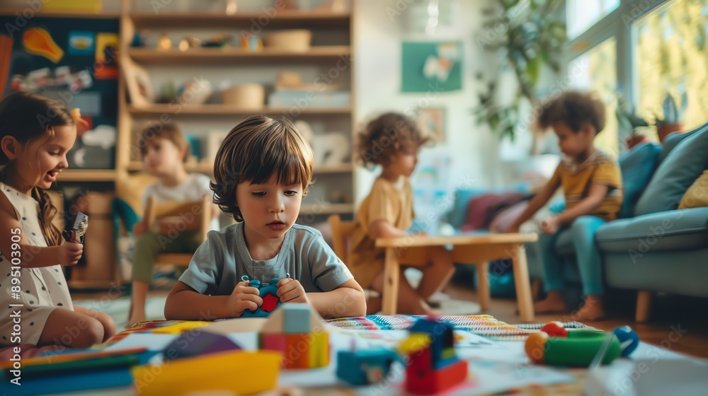 Preschool children play with colorful toys in a bright, modern classroom. They are surrounded by books, toys, and other learning materials. Preschool children play with colorful toys in a bright, modern classroom. They are surrounded by books, toys, and other learning materials.