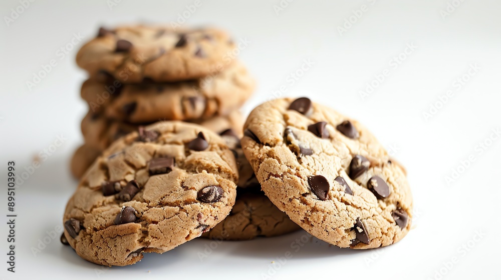 Freshly baked chocolate chip cookies on a white background. The cookies are soft and chewy, with a crispy outer layer. Freshly baked chocolate chip cookies on a white background. The cookies are soft and chewy, with a crispy outer layer.