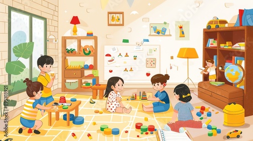Five preschoolers play with toys in a classroom. The room is brightly lit and has a warm, inviting atmosphere.