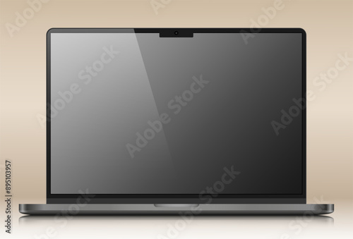 Realistic mock-up of a modern laptop in a metal case. A laptop with an empty gray screen and reflection on a beige gradient background. Vector EPS 10.
