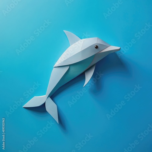 Paper Origami Dolphin on Blue Background. Generative AI photo