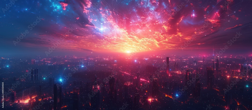 Fototapeta premium Cityscape with Pink and Blue Sky at Sunset