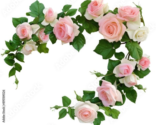 Pink And Green Ivy. Pink Rose Flowers with Ivy Green Leaves and White Buds in Corner Arrangement