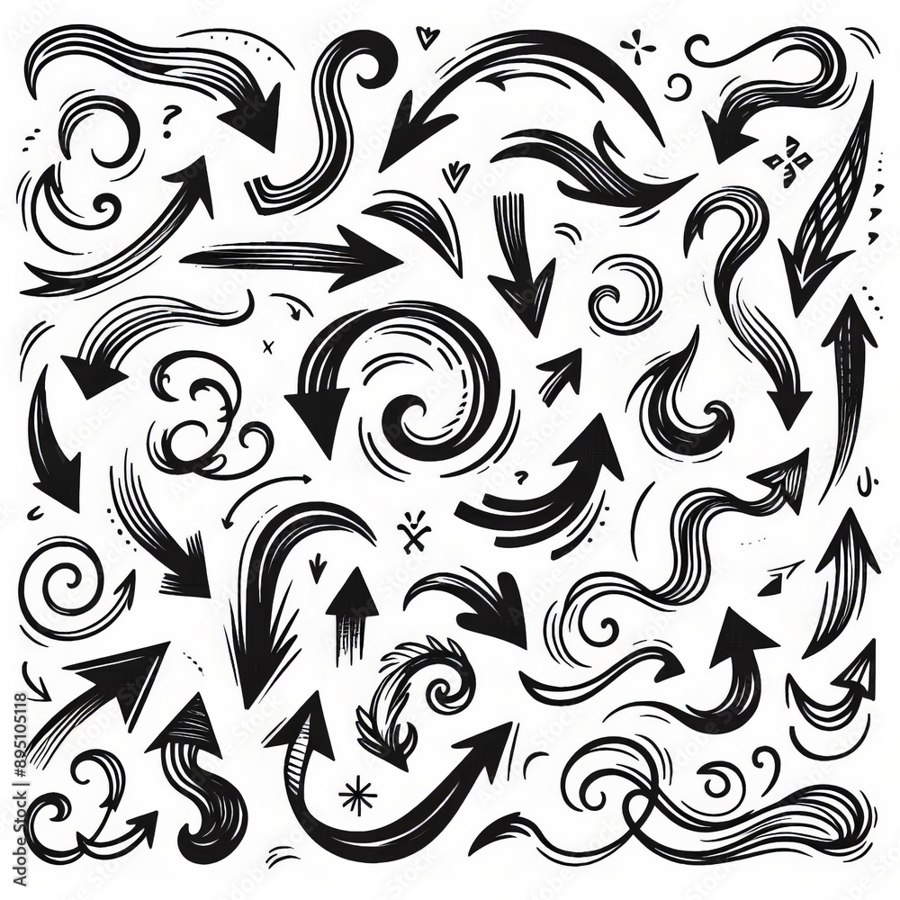 Fototapeta premium Collection of curved arrows in ink Vector hand drawn sketchy arrows pointing different directions