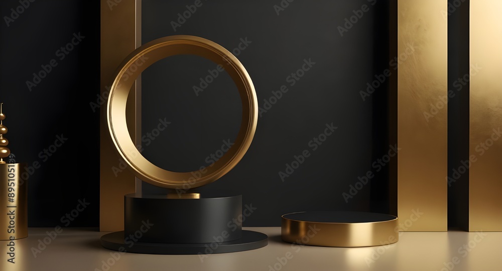 Black and Gold geometric pedestal podium with luxury golden pillar and circle backdrop, 3d Render abstract studio room with 3D platform, Minimal scene for cosmetic products, Showcase, Promotion Black and Gold geometric pedestal podium with luxury golden pillar and circle backdrop, 3d Render abstract studio room with 3D platform, Minimal scene for cosmetic products, Showcase, Promotion