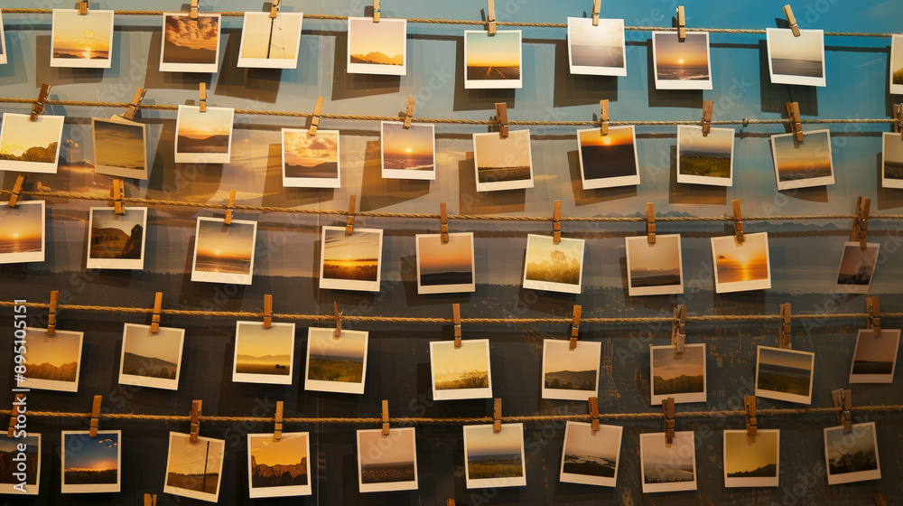 Polaroid Landscapes Hanging on a Rope. Generative AI Polaroid Landscapes Hanging on a Rope. Generative AI