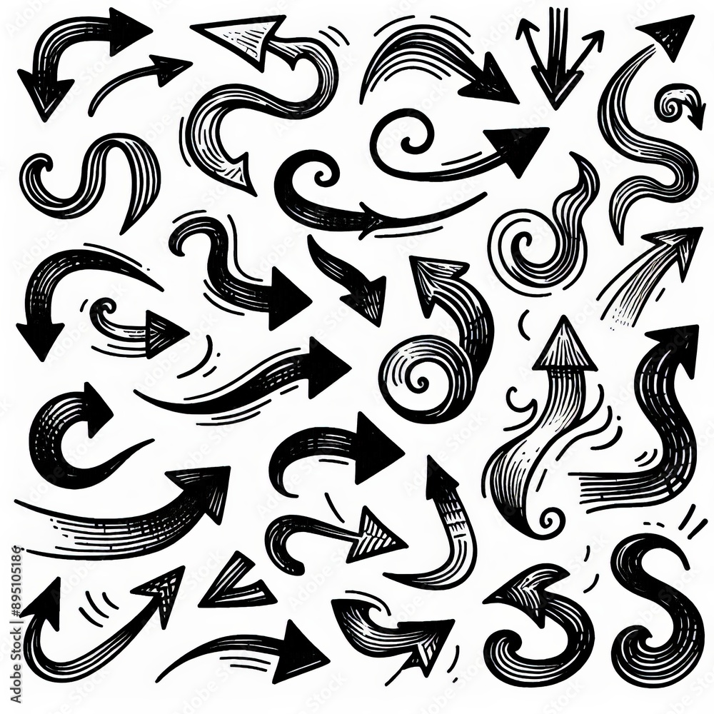 Collection of curved arrows in ink Vector hand drawn sketchy arrows pointing different directions Collection of curved arrows in ink Vector hand drawn sketchy arrows pointing different directions