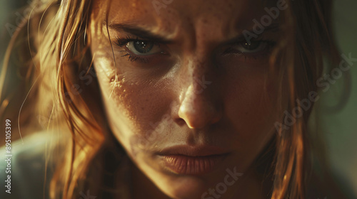 Close-Up Portrait of a Woman With Angry Expression. Generative AI.