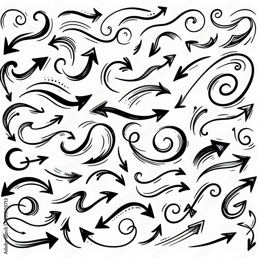 Collection of curved arrows in ink Vector hand drawn sketchy arrows pointing different directions Collection of curved arrows in ink Vector hand drawn sketchy arrows pointing different directions