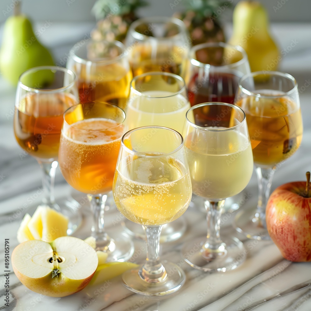 Variety of Apple Cider in Wine Glasses on Marble Tabletop Variety of Apple Cider in Wine Glasses on Marble Tabletop