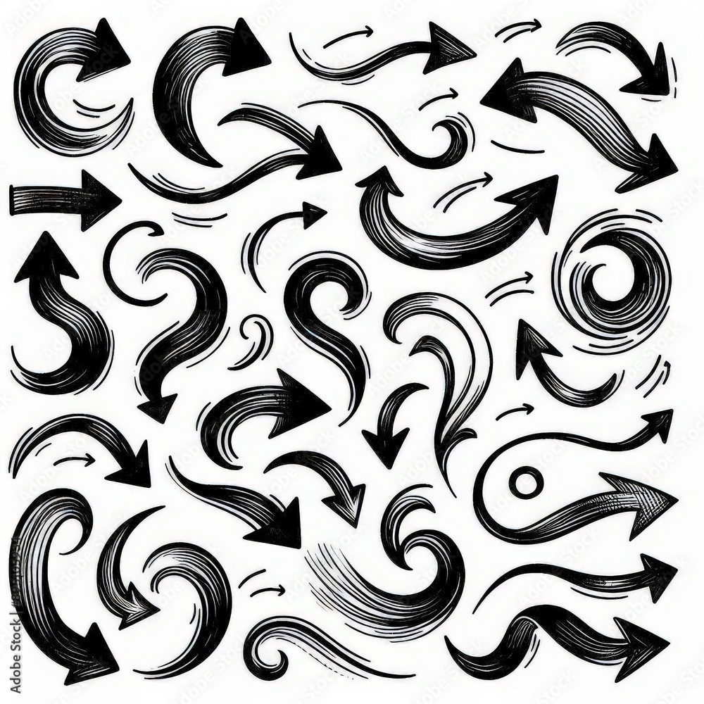 Collection of curved arrows in ink Vector hand drawn sketchy arrows pointing different directions Collection of curved arrows in ink Vector hand drawn sketchy arrows pointing different directions