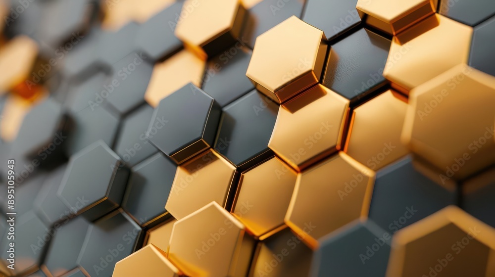 Interlocking hexagons with a metallic sheen in an abstract pattern Interlocking hexagons with a metallic sheen in an abstract pattern